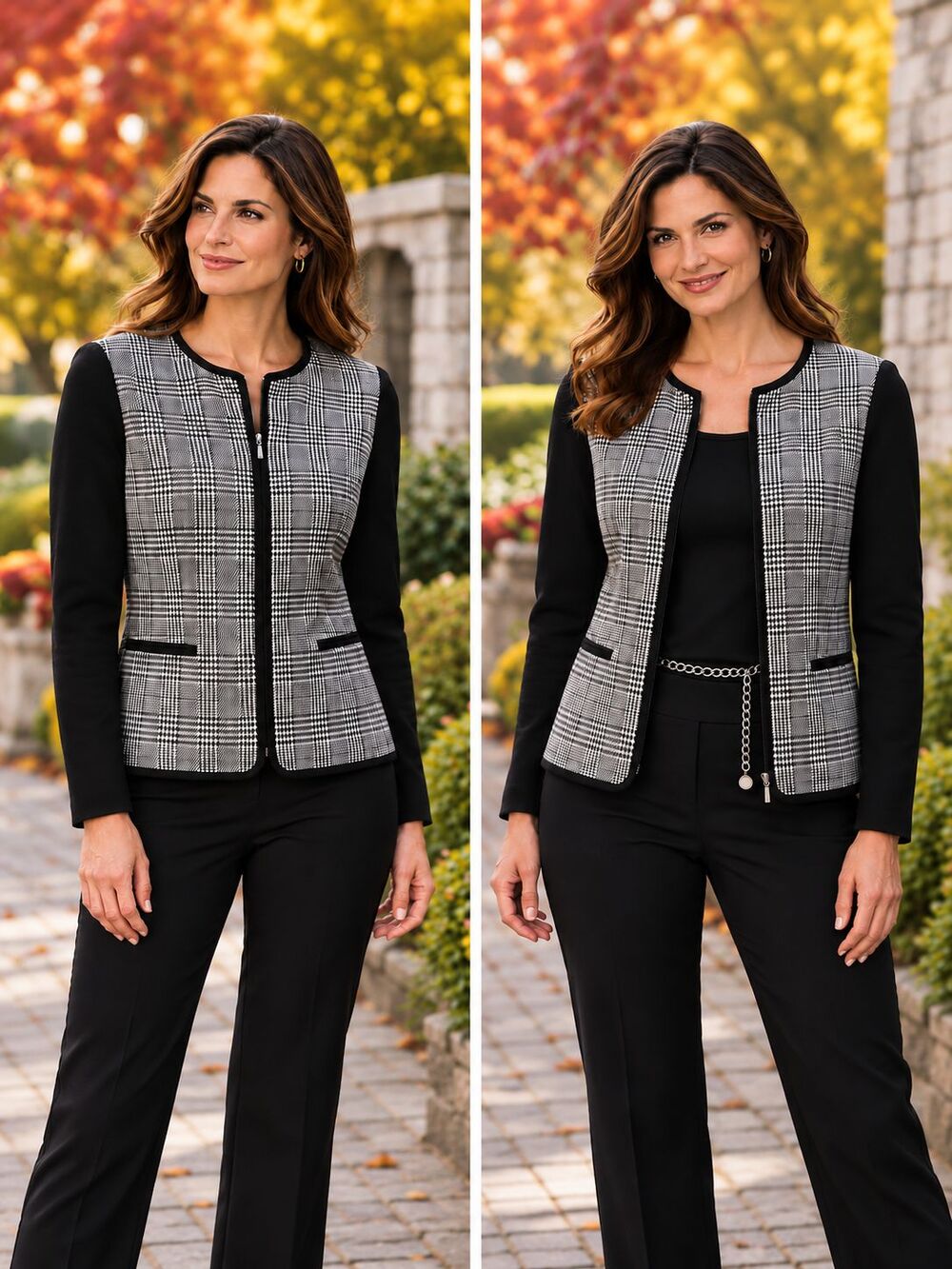 Women’s Sz 10 Houndstooth Jacket Black White Full Zip Long Sleeve Career Blazer